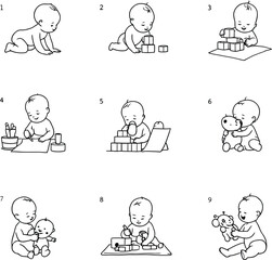 Nine stages of a baby's development from crawling to playing with toys in a line art illustration