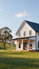 Obraz premium A modern white farmhouse with a large front porch and a black metal roof sits on a hill. A single tree stands nearby, creating a serene, idyllic rural landscape.