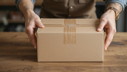 Hands placing a cardboard box on a wooden table, ready for shipping or delivery services