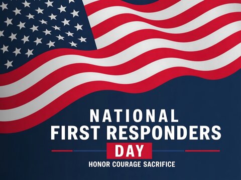 National first responders day with waving american flag on blue background