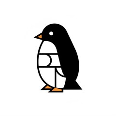 Cute Black and White Minimalist Line Art Illustration of Adorable Emperor Penguin Standing Side View with Orange Beak and Feet Vector Flat Design