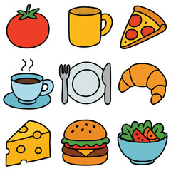 Hand-drawn cartoon food icon set isolated on white background. Tomato, mug, slice of pizza, coffee cup, tableware, croissant, cheese, hamburger, salad. Vector illustration.