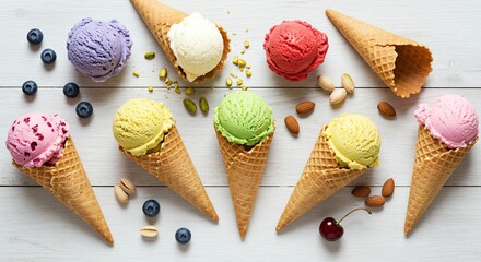 Ice cream cones with various flavors and toppings