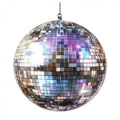 Sparkling disco ball reflecting colorful lights against white background