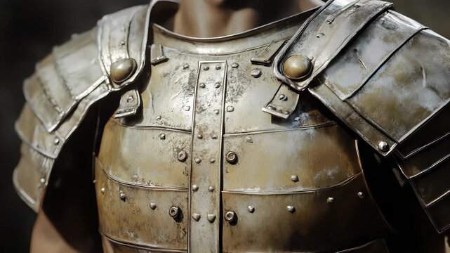 Close-up of Detailed Medieval Armor, Riveted Metal Plates, Shoulder Guards, Fantasy Warrior Costume, Historical Reenactment