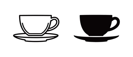 Black and white teacup and coffee cup icons, representing hot beverages and cafe culture.