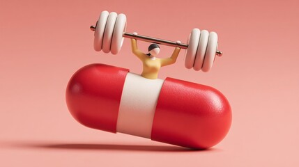 conceptual illustration of a capsule with a small, stylized person inside, lifting a dumbbell. The image is a visual metaphor for the supplement's role in providing energy and strength for a 