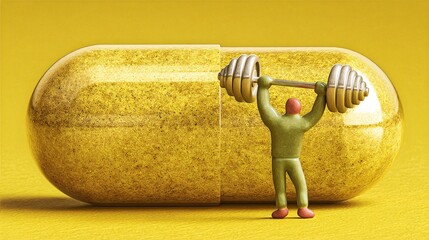 conceptual illustration of a capsule with a small, stylized person inside, lifting a dumbbell. The image is a visual metaphor for the supplement's role in providing energy and strength for a 