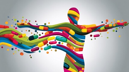 illustration showing a transparent, human-shaped outline. The outline is filled with a flowing, vibrant liquid of various colors, representing the nutrients from capsules being absorbed by the 