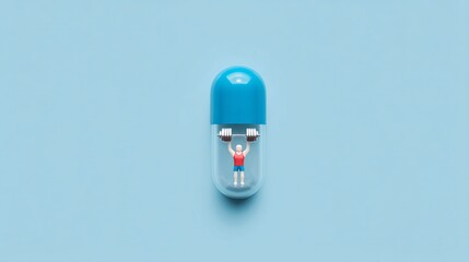 conceptual illustration of a capsule with a small, stylized person inside, lifting a dumbbell. The image is a visual metaphor for the supplement's role in providing energy and strength for a 