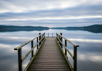 Fototapeta premium Wooden Pier Extending into Calm Lake Under Cloudy Sky.