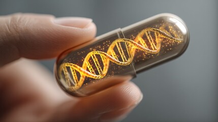 illustration of a hand holding a single, transparent capsule with a glowing, stylized DNA helix inside. The image connects the supplement directly to the cellular and genetic level, representing 
