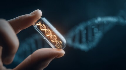 illustration of a hand holding a single, transparent capsule with a glowing, stylized DNA helix inside. The image connects the supplement directly to the cellular and genetic level, representing 