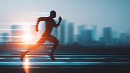 man mid-run with energy capsules digitally illustrated trailing behind him, blending motion and health technology. Urban background with sunrise light. Copy space in sky area. [Human]:[Capsules] 