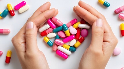 lay of various colorful capsules arranged in heart shape on clean table, with hands of a healthy person reaching toward them. White background with open space above. [Human]:[Capsules] capsules 