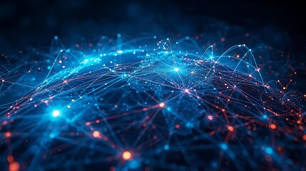 Abstract visualization of a complex network of glowing nodes and interconnected lines, representing data flow and digital connections.