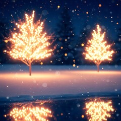 Two illuminated trees, adorned with warm golden lights, stand in a snowy landscape, their reflections shimmering on the icy ground, creating a magical winter scene at night.