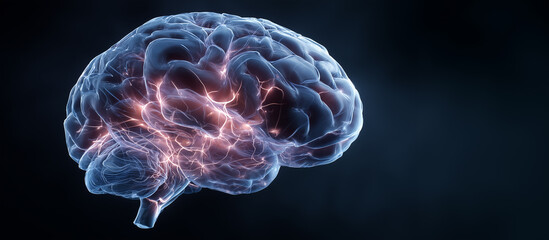 Human brain with glowing synapses showing neural activity and communication on a dark background
