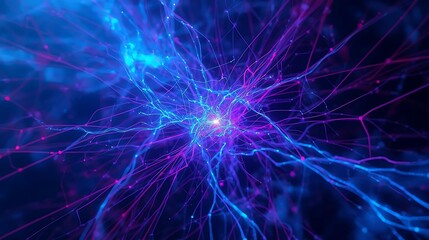 Abstract visualization of a neural network with glowing blue and purple connections, representing complex data pathways and artificial intelligence.