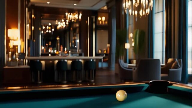 A billiards/pool table in a luxurious, dimly lit lounge or bar with chandeliers in the background.