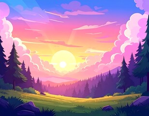 Colorful sunset over a lush forest