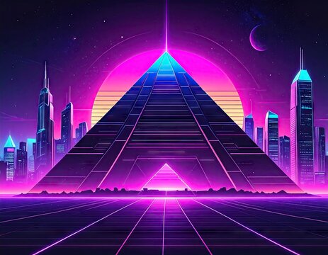 Synthwave Pyramid Skyline at Sunset - Powered by Adobe