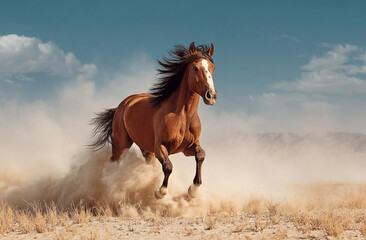 Obraz premium Majestic brown horse gallops across a dusty plain under a clear blue sky
