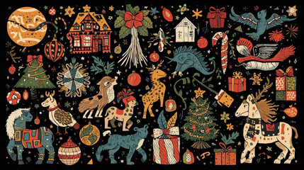 Whimsical festive Christmas holiday illustration
