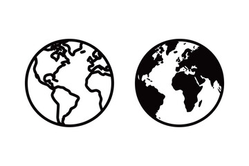 World globe icon set. Planet Earth and global symbol in outline and solid black silhouette. Simple vector for travel, geography, and ecology.