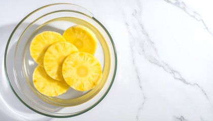 Top-down view of pineapple slices in a glass bowl on a white marble surface.