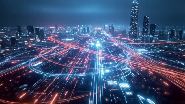 Futuristic Cityscape at Night with Dynamic Light Trails and Modern Architecture