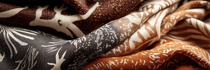 Luxurious and richly textured fabrics in earthy tones, showcasing intricate patterns that add artful elegance to any design project or home décor setting for creative inspiration.