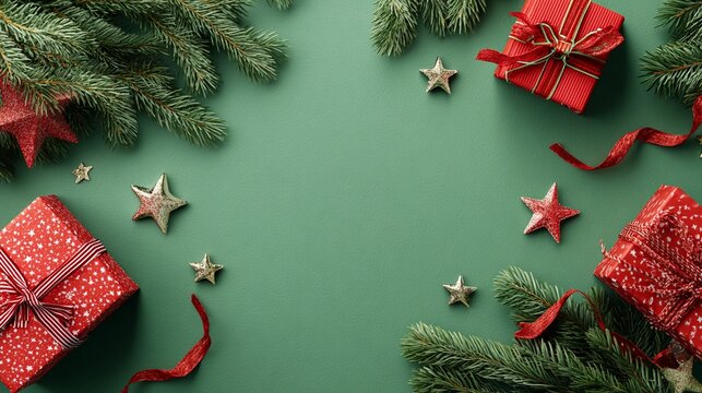Festive Christmas flat lay featuring beautifully wrapped red gifts, pine branches, and decorative stars on a green background, perfect for seasonal celebrations and holiday marketing.