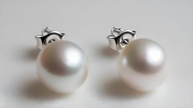 A pair of white pearl stud earrings with silver posts resting on a white surface.