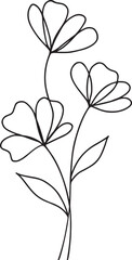 Minimalist One Line Botanical Illustration of Three Elegant Flowers with Leaves in Continuous Single Stroke Art on White Background