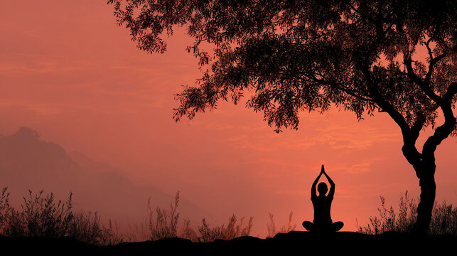 Person in meditation pose under tree at sunset in nature setting
