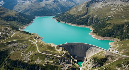 Aerial view of a large dam and turquoise reservoir nestled in mountainous terrain