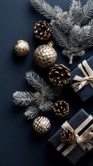 Celebrate the holiday season with this elegant arrangement of gold ornaments, pinecones, and festive greenery on a dark backdrop, perfect for seasonal decor inspiration.