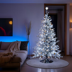 Fototapeta premium Christmas Tree On Snow - Winter Fir Forest At Night Forest - Pine Tree With Gift Boxes And With Shiny Star In Blue Landscape And Abstract Bokeh Lights