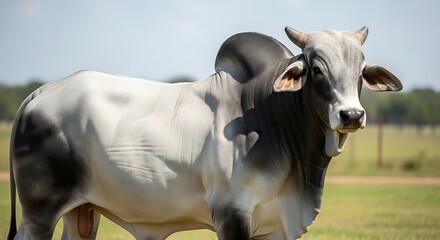 Majestic brahman bull standing in a field, showcasing its distinctive hump and muscular build, representing livestock breeding and agricultural practices