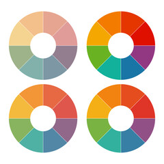 Set of four colorful donut-chart color wheels arranged in a 2 &times; 2 grid, vector infographic palette isolated on a white (transparent-ready) background.


