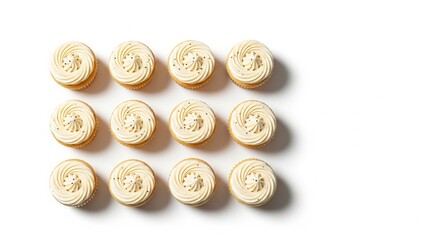 Vanilla Cupcakes Flat Lay. Buttercream Swirls. White Background.