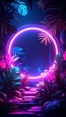 Neon circle in a tropical jungle