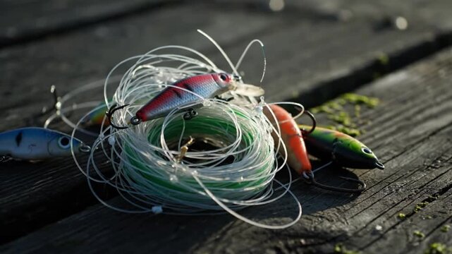 Close Up View of Vibrant Fishing Lures and Tangled Monofilament Line Resting on a Weathered Wooden Dock Surface Essential Gear for Outdoor Angling and Sport Fis