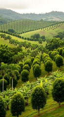 A lush hillside plantation showcases neatly arranged rows of various tropical trees, including palms and fruit trees, creating a vibrant, peaceful scene.
