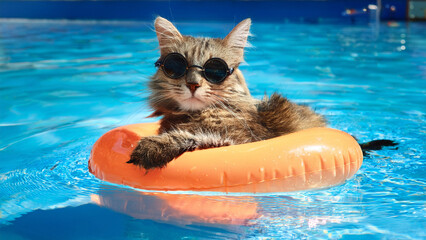 Cute cat relaxing on an orange inflatable ring in a swimming pool under summer sun.