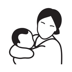 Black and white line art of a beautiful mother lovingly embracing her baby minimalist tender illustration