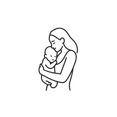 Black and white line art of a beautiful mother lovingly embracing her baby minimalist tender illustration