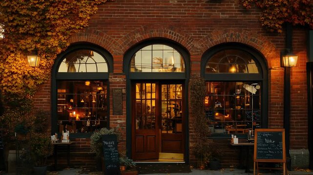 Cozy Restaurant Facade with Brick Wall, Arched Windows, and Warm Lighting in Autumn, Inviting Entrance