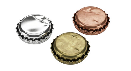 A trio of metallic bottle caps a silent toast to adventures shared and memories bottled against a stark contrasting